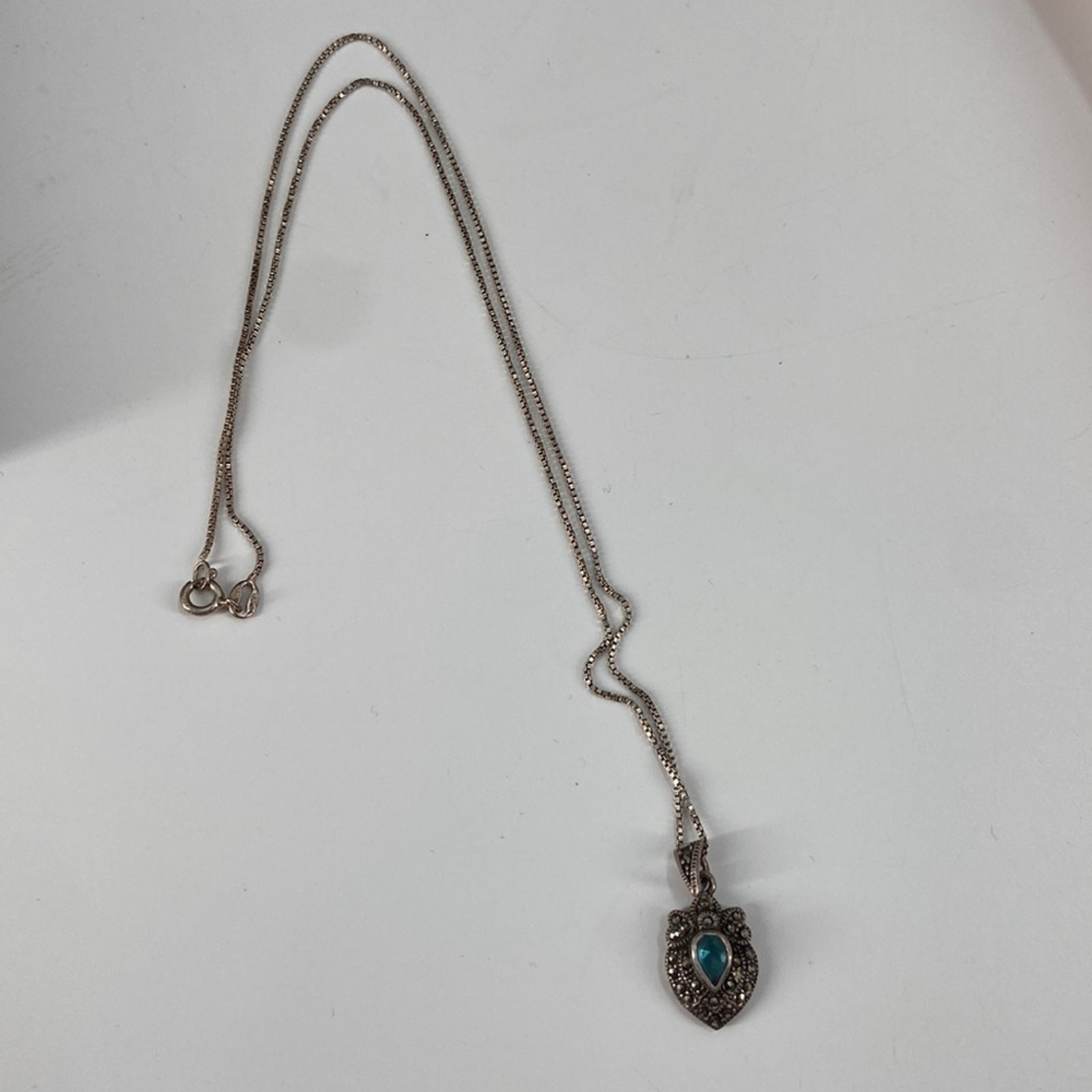 Vintage Cw Marcasite Sterling Silver Blue Topaz Necklace